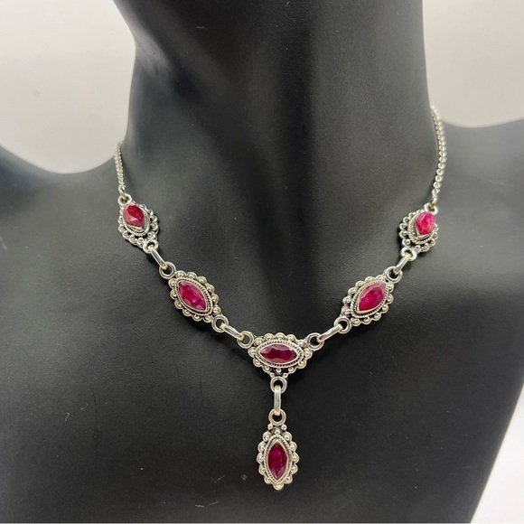 Jewelry - Marquise Cut Genuine Ruby Vintage 925 Sterling Silver Necklace